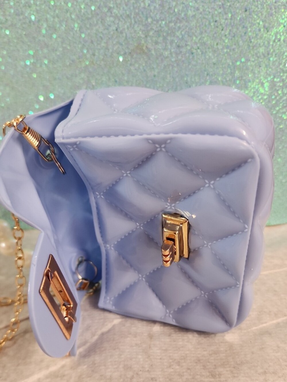 Lilac Quilted Pearl-Handle Crossbody Bag with Unicorn Accents - Picture 11 of 13